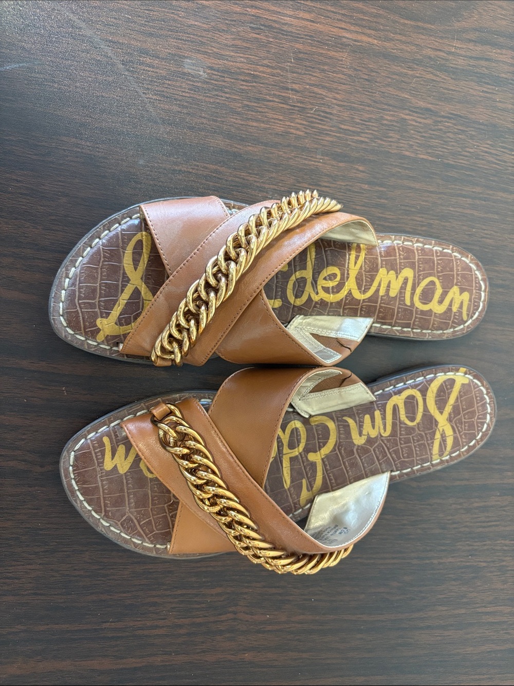 Sam Edelman Brown Leather Slide Mules with Gold Chain